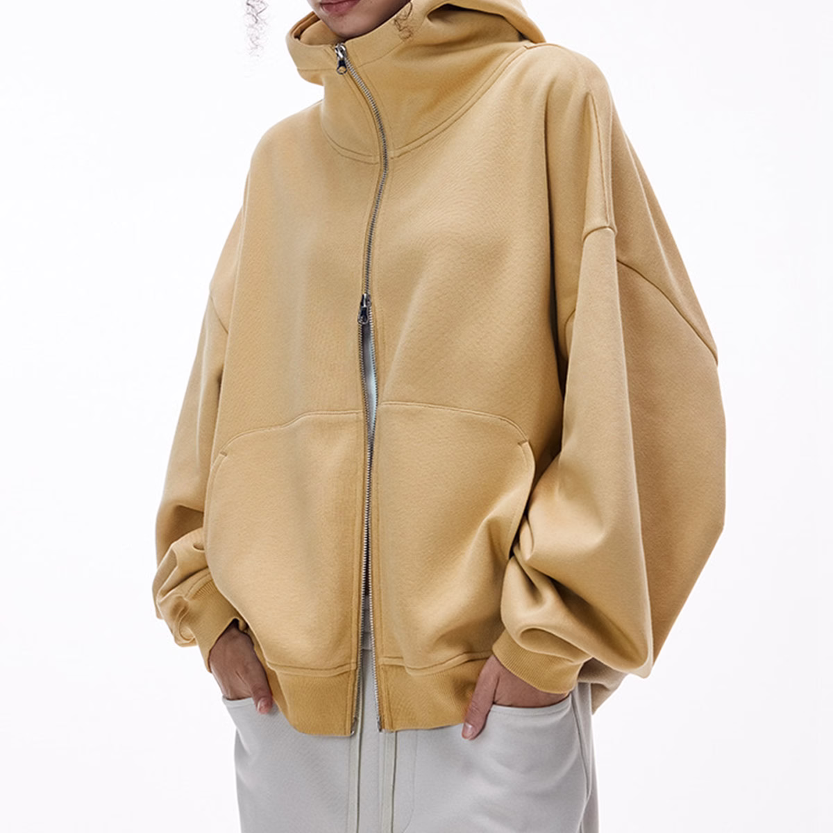 Yali Clothing ODM Wholesale New Curved Knife-sleeve Cut Boxy Fit Streetwear Hoodies plus fleece zipper sweatshirt