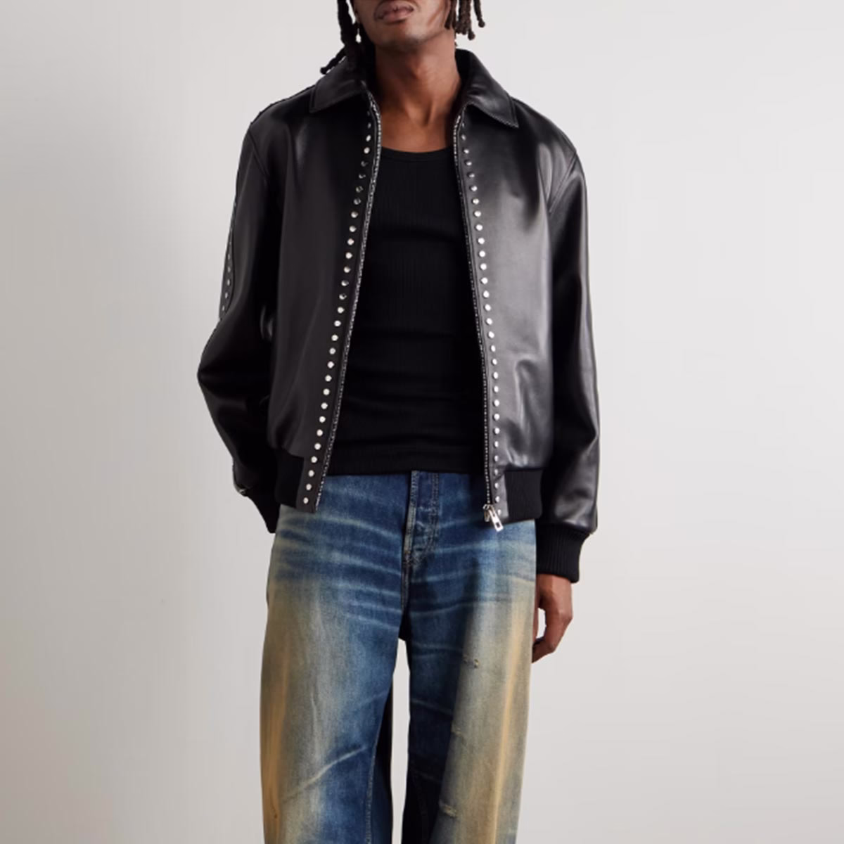 Yali-Clothing OEM logotipo personalizado Streetwear estilo punk zíper limpo ajuste cravejado PU couro Bomber Jacket