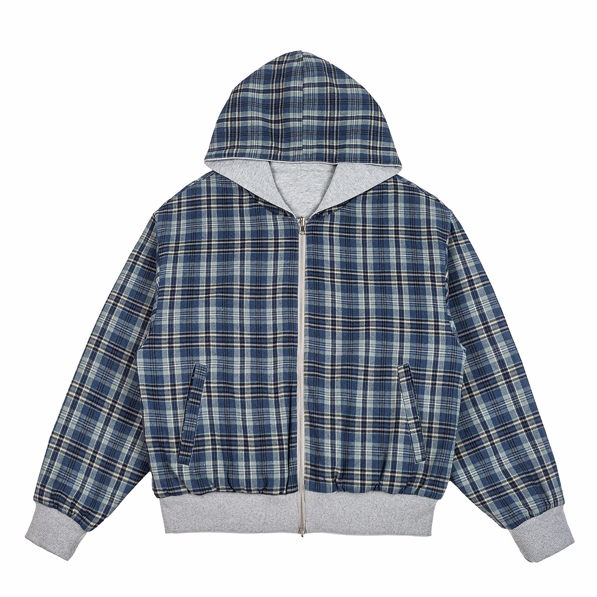 Yali-Clothing Maßgeschneiderter Reißverschluss, überschnittene Schultern, doppellagiger, wendbarer Hoodie mit Karomuster