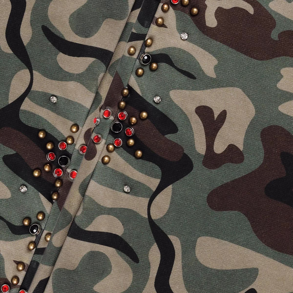 Yali Clothing Op maat gemaakte joggingbroek met studs, strass-steentjes en camouflageprint, oversized baggy fit