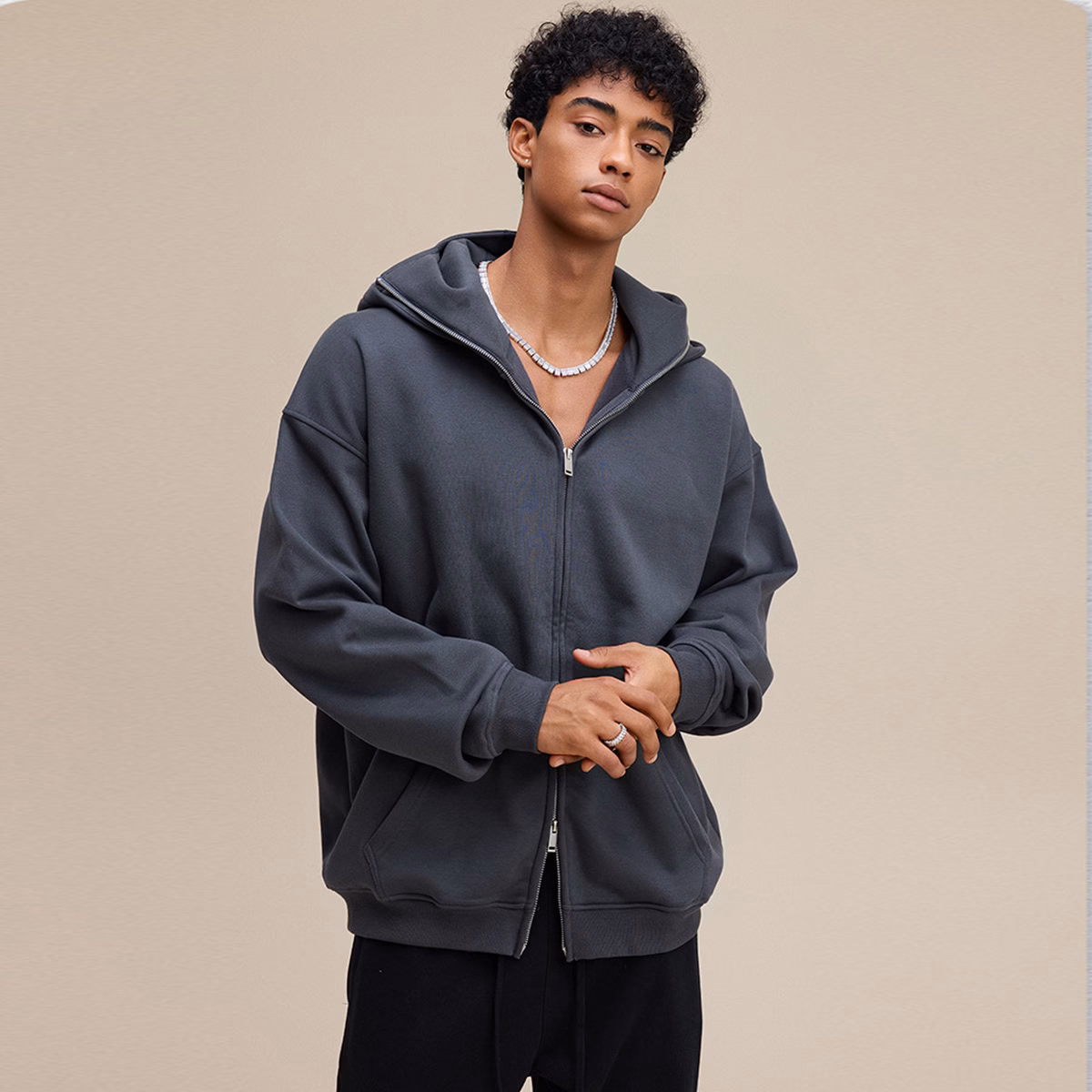 Heavyweight Double Zip Hoodie 340gsm Solid Color Oversized Maske Stil Hooded Sweatshirt