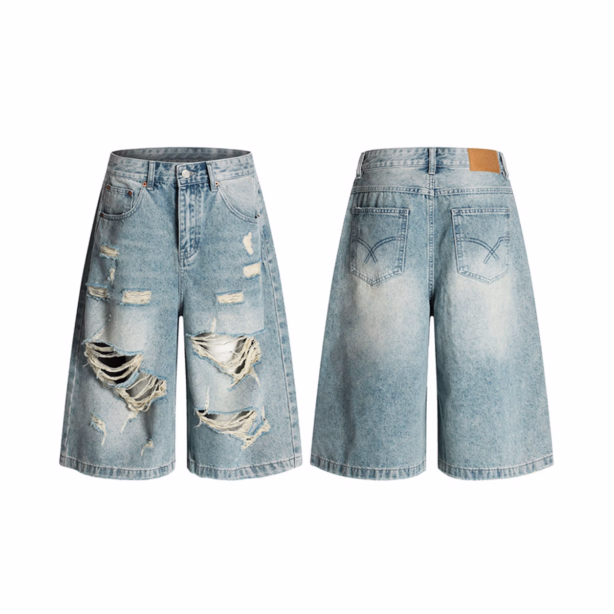 Custom Vintage Wash Men's Capri Jeans OEM Wholesale Wide-Leg Baggy Jeans